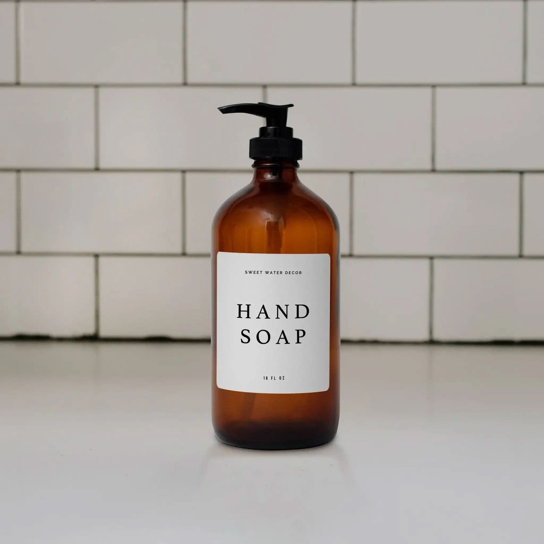 16oz Amber Glass Hand Soap Dispenser - White Text Label - SwagglyLife Home & Fashion